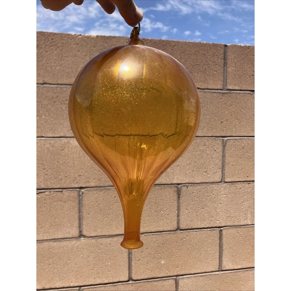 Vintage Amber Hand-Blown Glass Hot Air Balloon Ornament – Glitter Inside – ~10″